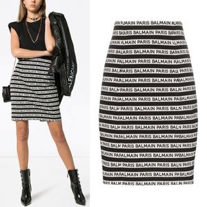 Balmain Logo Print Striped High Waist Pencil Straight Mini Skirt